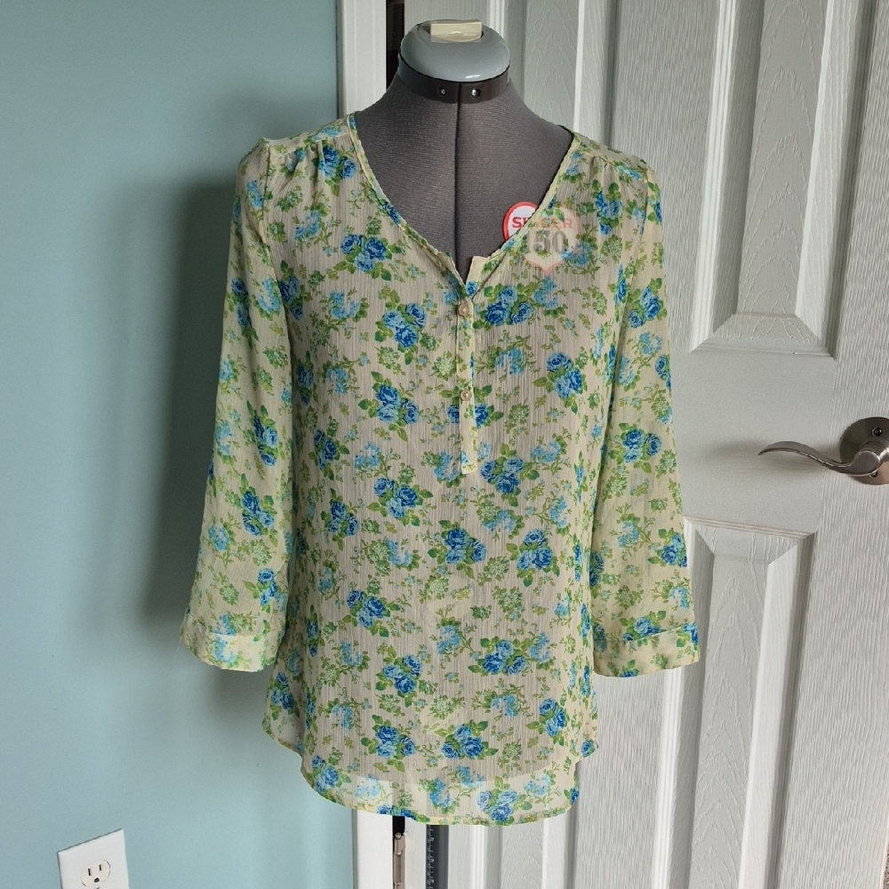 Bobbie Brooks Light Green Sheer Floral Split-Neck Blouse with Blue Roses